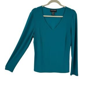 Frank Lyman V Neck Top Size 14 Teal Green Slinky Knit Long Sleeve Pullover
